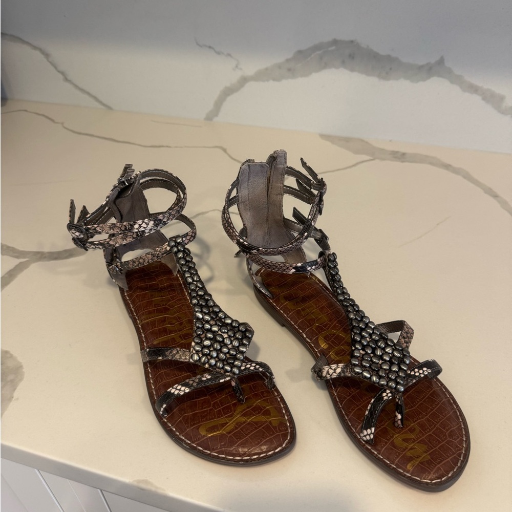 Embellished Snake-Print Ankle-Strap Sandals - Gray